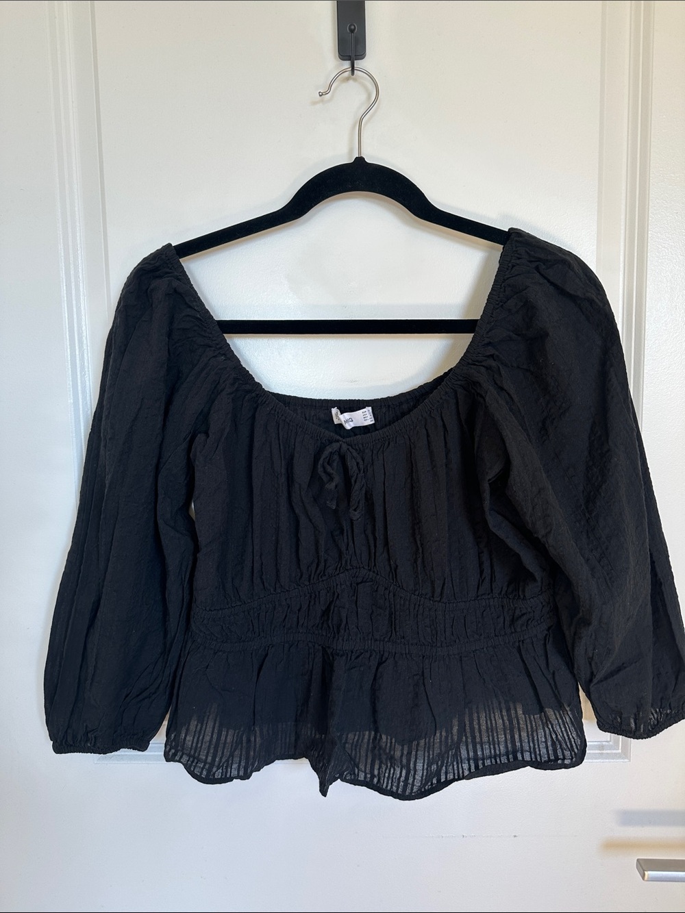 Mango Black Peasant-Style Blouse with Smocked Waist